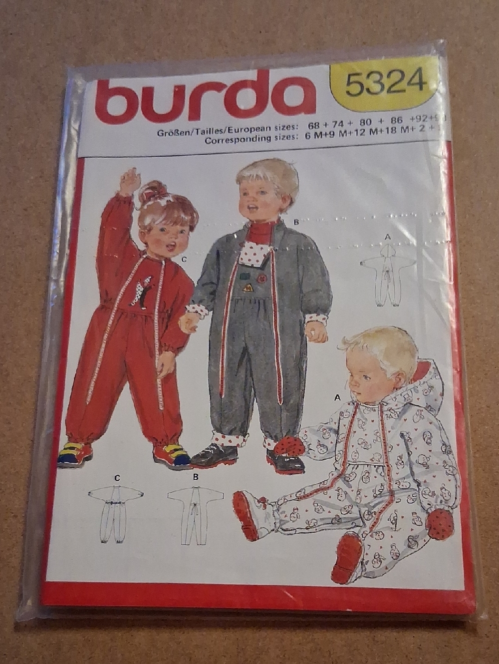 Burda 5324 Vintage Baby/Toddler Coverall Sewing Pattern - Red, Gray, White